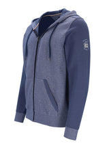 Marineblaue Kapuzenjacke mit Reißverschluss, strukturiertem Strickmuster und kontrastierenden Ärmeln.