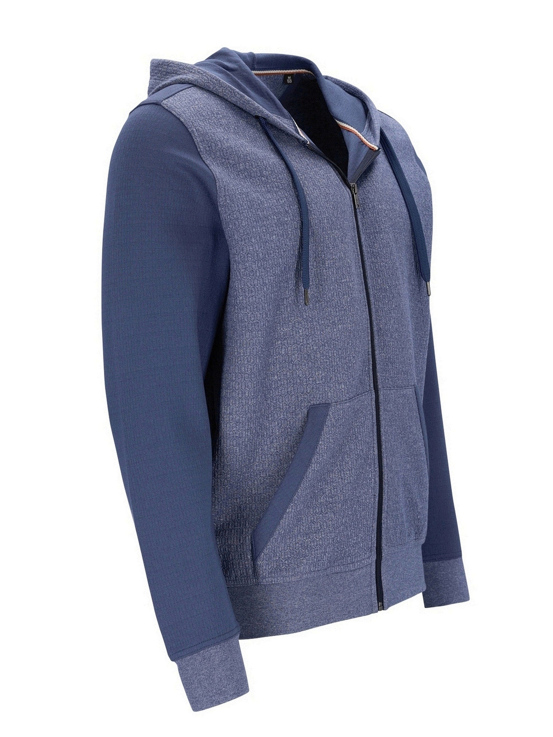 Marineblaues Kapuzen-Sweatshirt mit Reißverschluss, texturiertem Muster und Kapuze.
