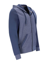 Marineblaues Kapuzen-Sweatshirt mit Reißverschluss, texturiertem Muster und Kapuze.