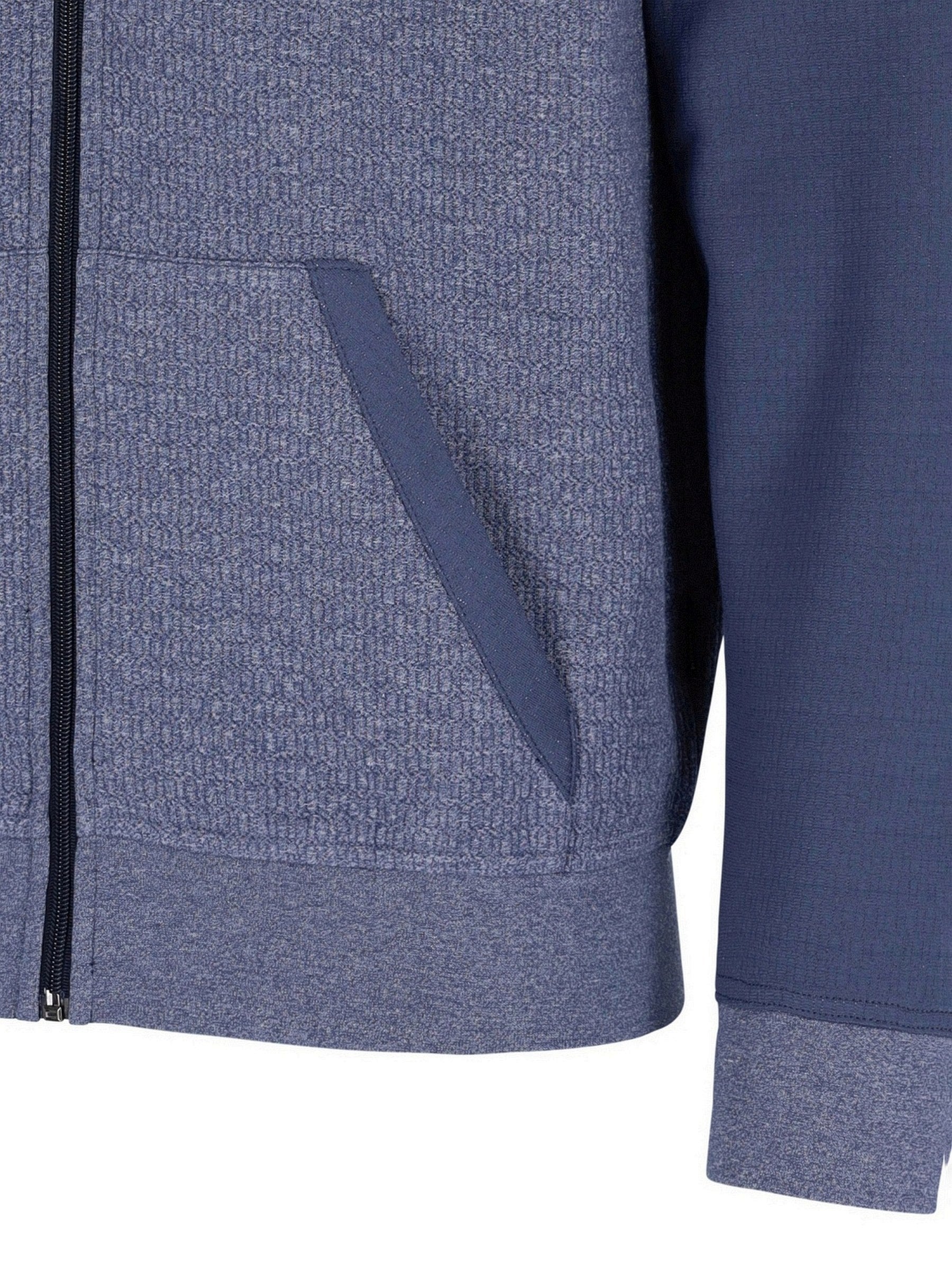 Marineblaues Kapuzen-Sweatshirt mit Reißverschluss, Tasche und gerippten Bündchen.