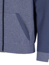 Marineblaues Kapuzen-Sweatshirt mit Reißverschluss, Tasche und gerippten Bündchen.