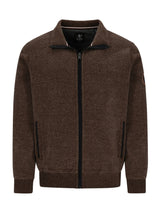 Brauner Reißverschluss-Pulli mit schwarzen Akzenten und gerippten Bündchen, Kragen und Saum.