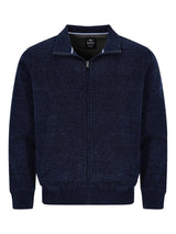 Marineblauer Reißverschluss-Pulli mit strukturiertem Muster und Kontrastkragen.