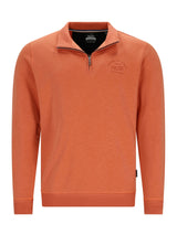 Orange Viertelreißverschluss-Sweatshirt mit schwarzem Logo und gerippten Bündchen, Kragen und Saum.