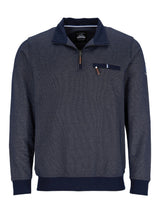 Marineblaues strukturiertes Sweatshirt mit Halb-Reißverschluss und Taschen-Detail.