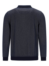 Marineblaue, strukturierte Strickjacke mit gerippten Bündchen und Saum, wahrscheinlich aus Wolle oder einem ähnlichen Material gefertigt.