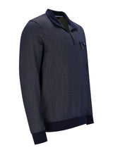 Marineblaues strukturiertes Sweatshirt mit Half-Zip-Design und gerippten Bündchen.