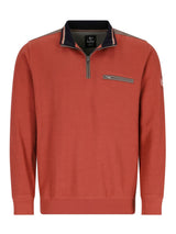 Rotes Poloshirt mit Textur, schwarzen Akzenten und Reißverschluss-Detail.