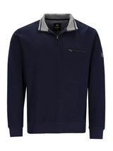 Marineblauer Reißverschluss-Pullover mit Kontrastkragen und Tasche, Design aus texturiertem Stoff.