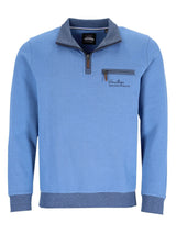 Blauer strukturiertes Viertelreißverschluss-Pullover mit Kontrastkragen und - Manschetten, mit einem kleinen gestickten Logo auf der Brust.