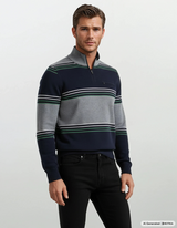 Männer sweatshirt in navy grau grün gestreift mit halbreißverschluss und ribkragen in stay fresh-qualität