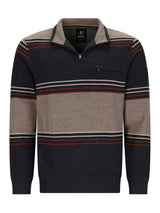 Marineblauer und brauner gestreifter Pullover mit Halbzipperkragen.