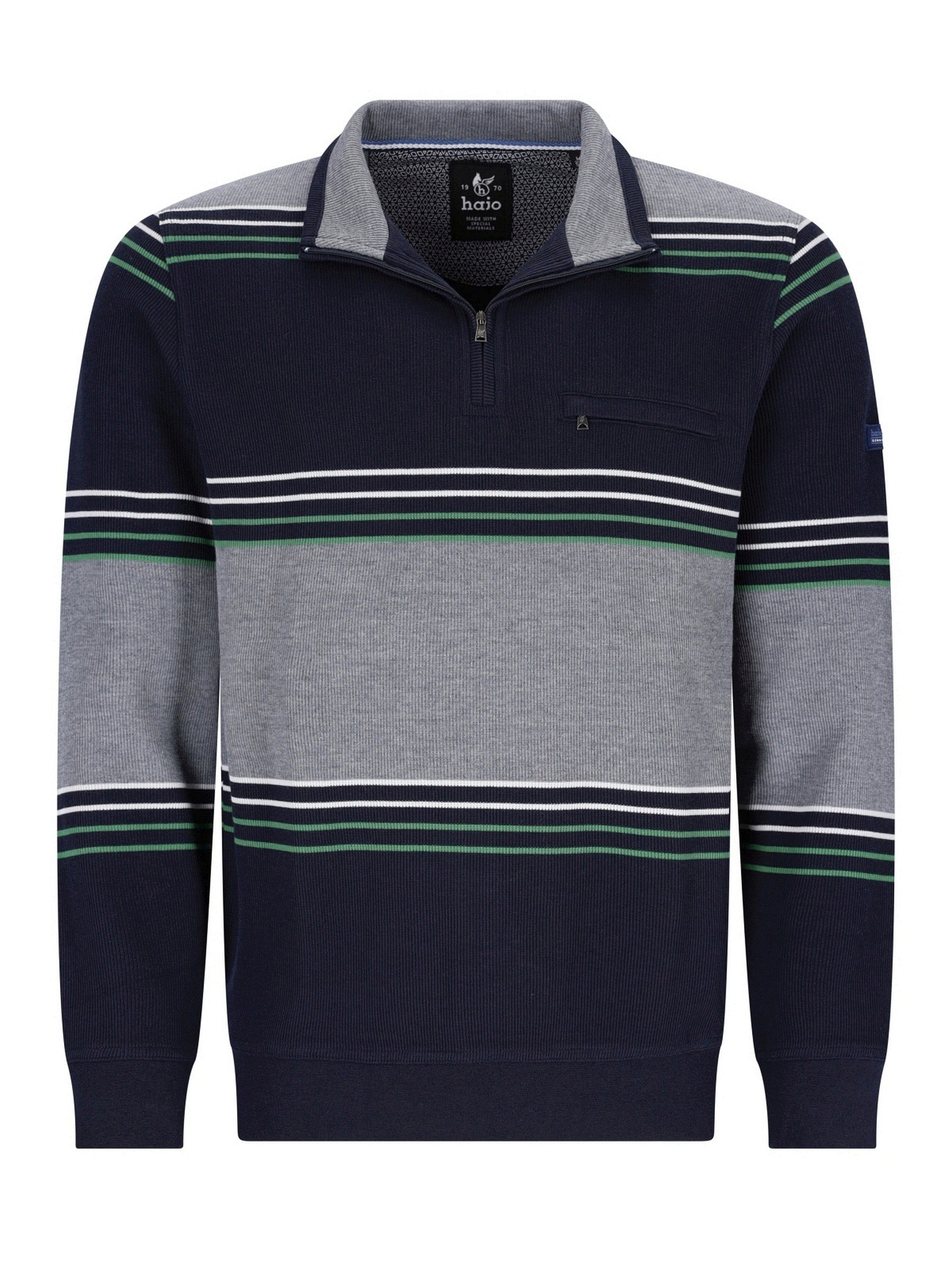 Marineblaues Poloshirt mit grün-weißen Streifen, aus Baumwolle.