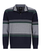 Marineblaues Poloshirt mit grün-weißen Streifen, aus Baumwolle.