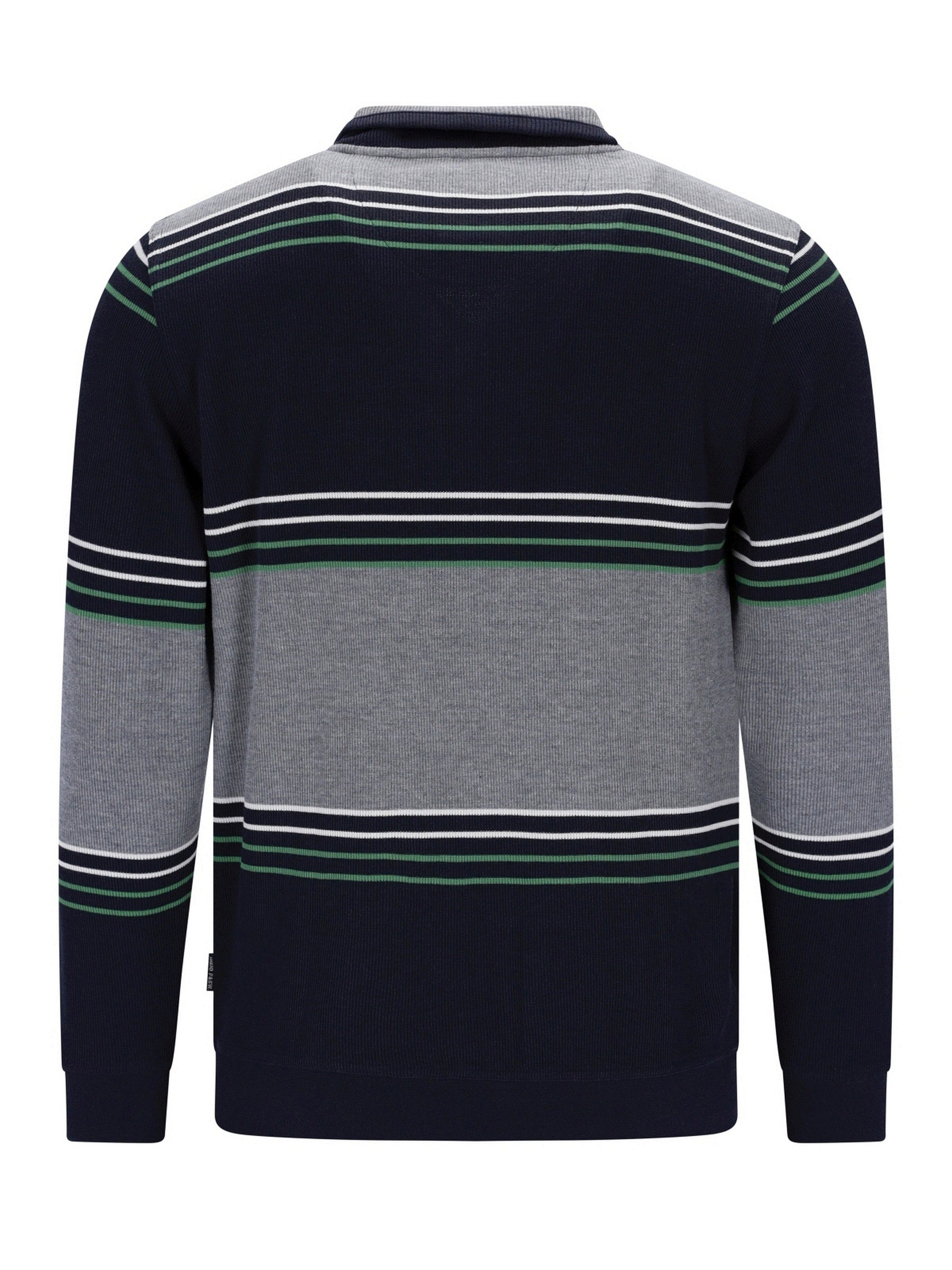 Marineblaues und graues gestreiftes Poloshirt mit grünen Akzenten, aus Baumwolle gefertigt.