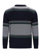 Marineblaues und graues gestreiftes Poloshirt mit grünen Akzenten, aus Baumwolle gefertigt.