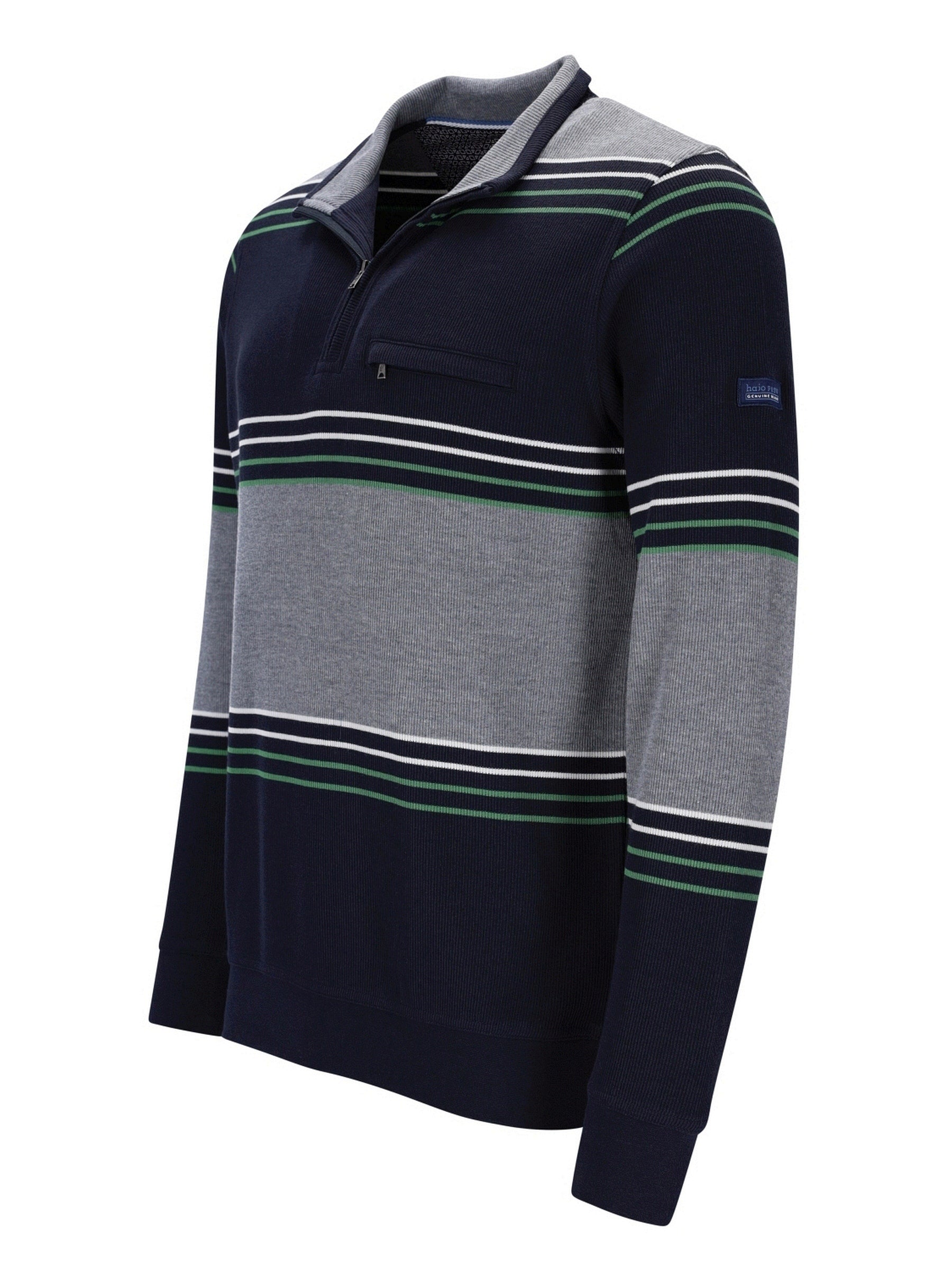 Marineblaues und graues gestreiftes Poloshirt mit grünen Akzenten, aus Baumwolle gefertigt.