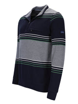 Marineblaues und graues gestreiftes Poloshirt mit grünen Akzenten, aus Baumwolle gefertigt.