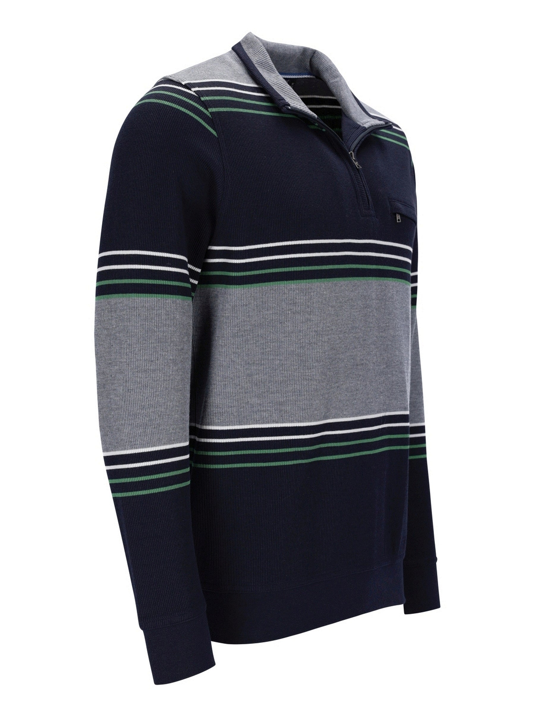 Marineblaues und graues gestreiftes Poloshirt mit grünen Akzenten, aus Baumwolle.