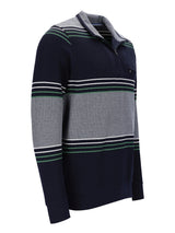 Marineblaues und graues gestreiftes Poloshirt mit grünen Akzenten, aus Baumwolle.