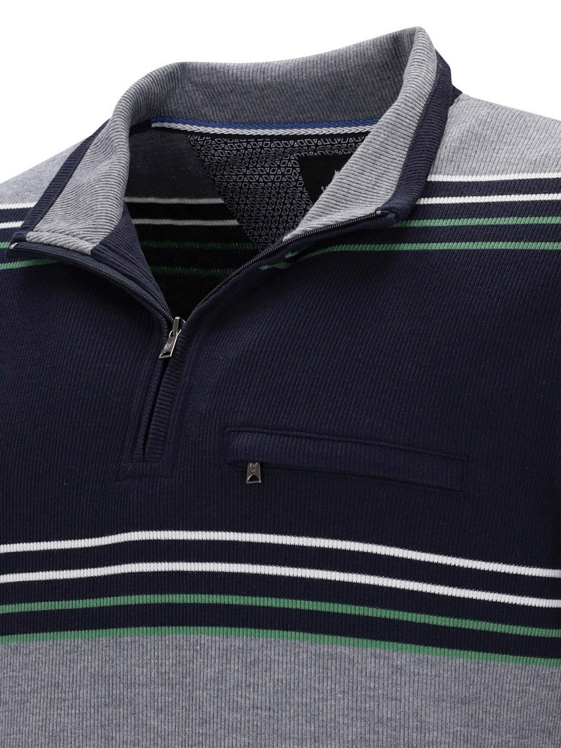 Marineblau und grau gestreifter Viertel-Reißverschluss-Pullover mit Tasche.