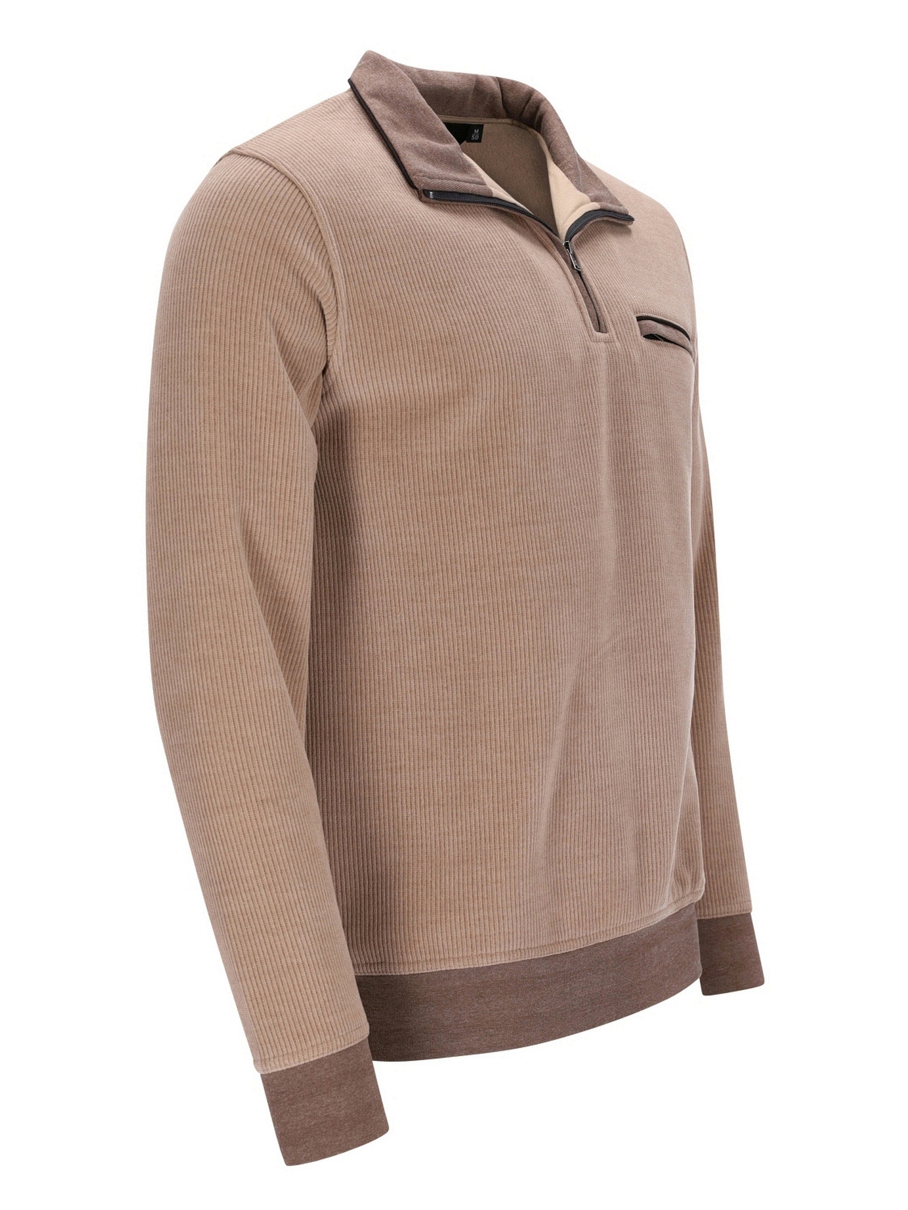Beige Samtstoff-Poloshirt mit Kontrastkragen und - Manschetten, wahrscheinlich von einer Freizeitmarke.