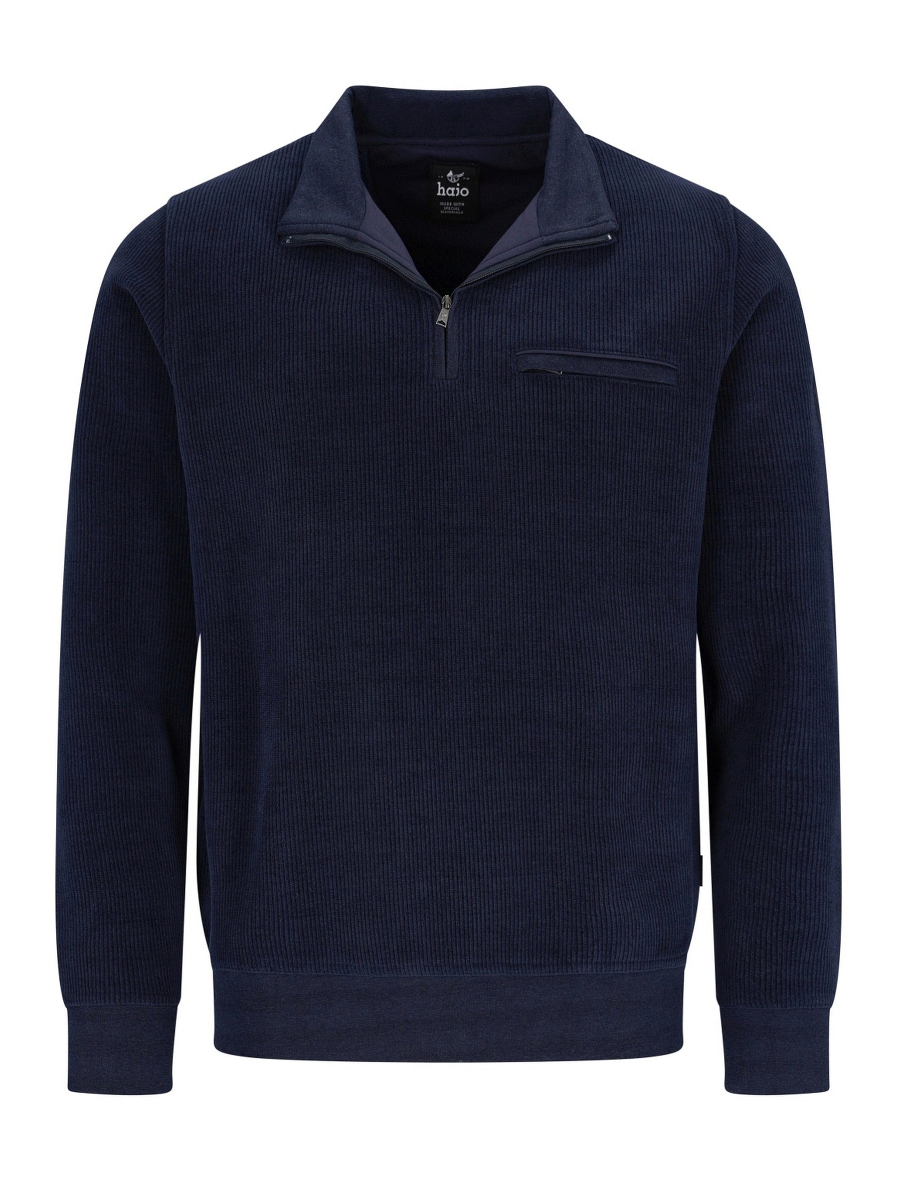 Marineblaues Reißverschluss-Pullover mit gerippter Textur und Taschen-Detail.
