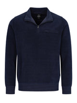 Marineblaues Reißverschluss-Pullover mit gerippter Textur und Taschen-Detail.