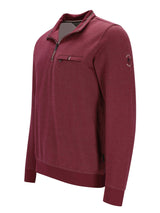Bordeaux-Farbenes Viertelreißverschluss-Pullover-Sweatshirt mit Logo auf dem Ärmel, aus einer Baumwolle- und Polyester-Mischung.