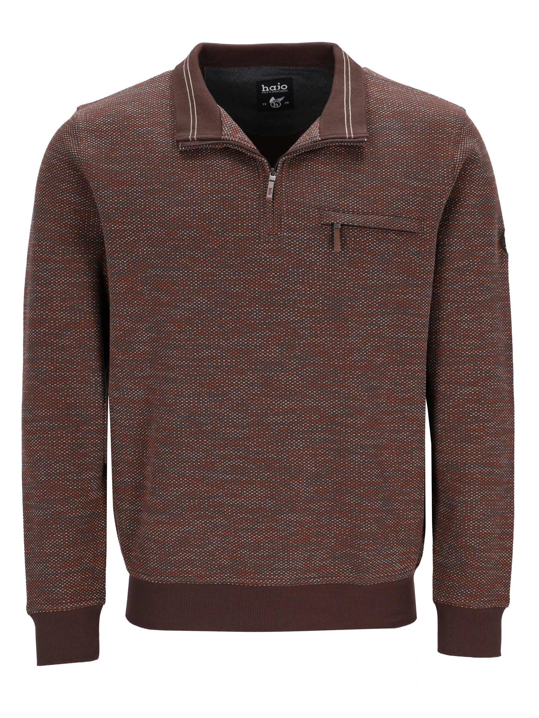 Braunes stehkragen-sweatshirt mit spots allover halbreißverschluss kontrast weißer kragenbesatz und brusttasche
