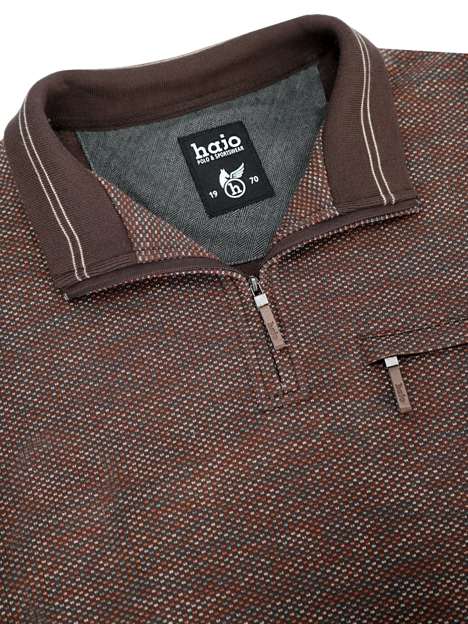 Braunes stehkragen-sweatshirt mit spots allover in stay fresh qualität und weißer piping am kragen