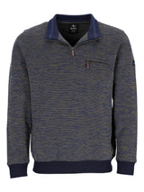 Kohle-grauer Fischgrät-Pullover mit marineblauen Akzenten und Kragen, mit einem Half-Zip-Design.