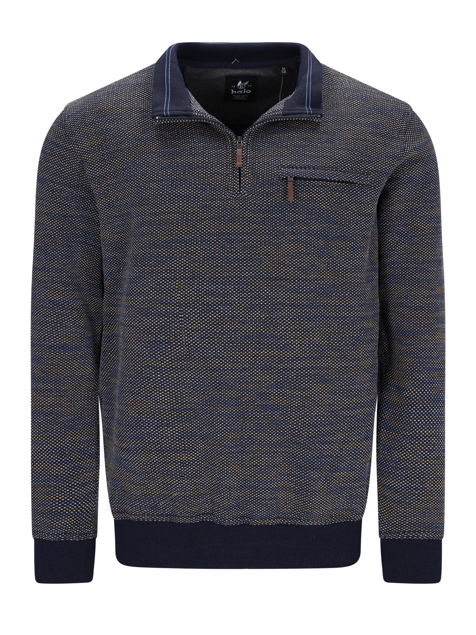 Dunkelblaues stehkragen-sweatshirt mit strukturierter strickoptik, halbzip, kontrastkragen und brusttasche