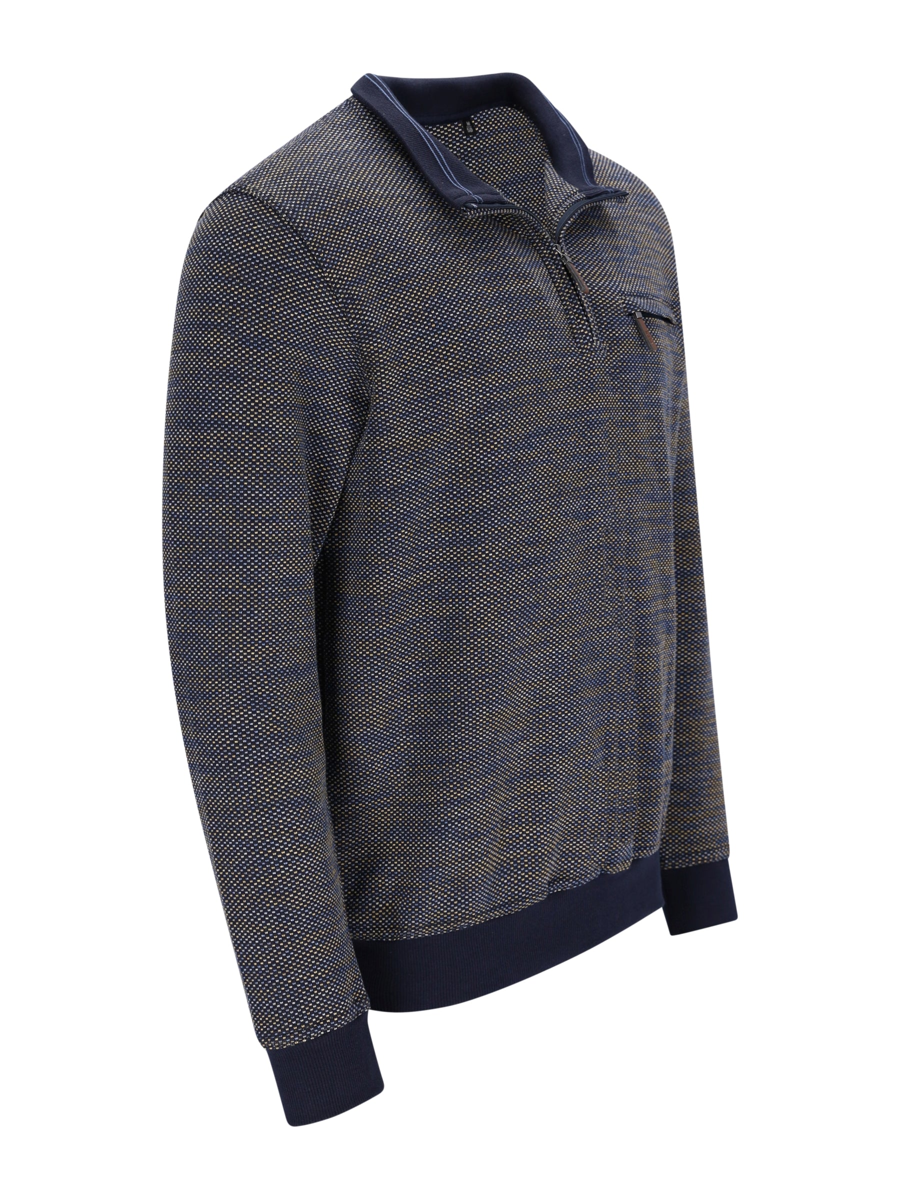 Darkgrauer und dunkelblauer stehkragen sweatshirt mit halbreißverschluss und feinen weißen punkten in stay fresh qualität