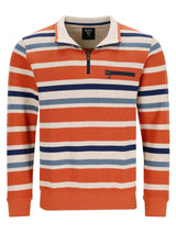Orange und blaues gestreiftes Poloshirt mit Halb-Reißverschlusskragen.
