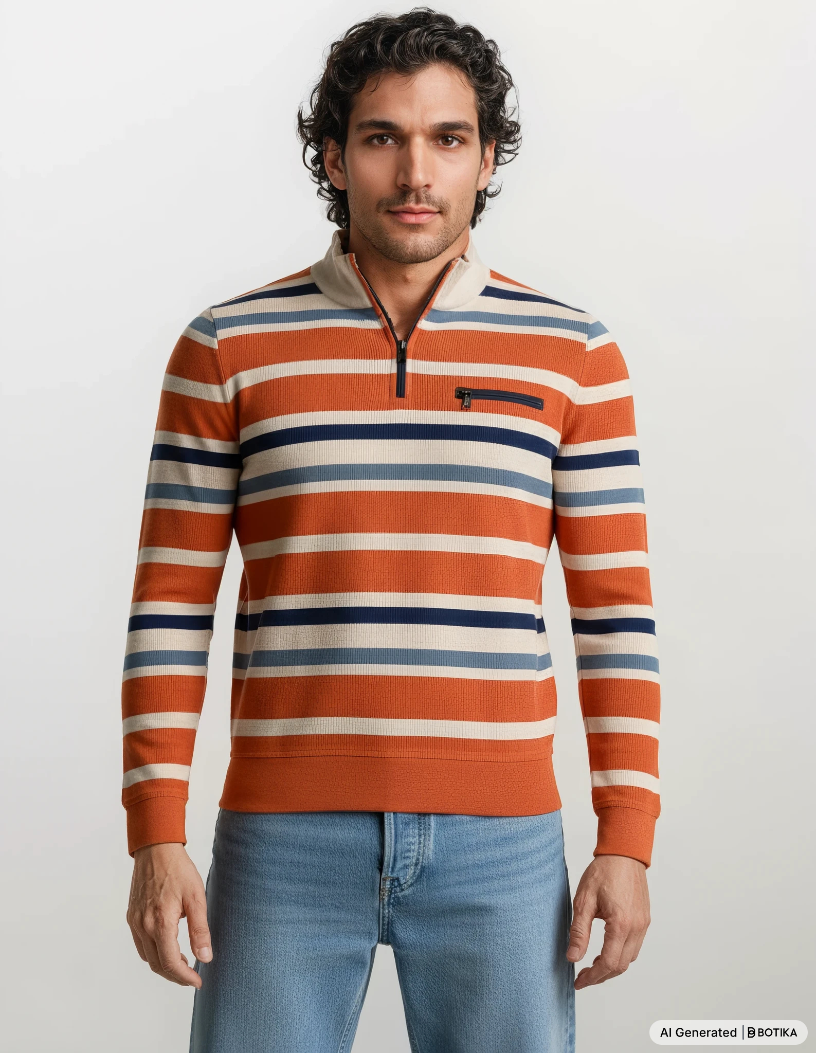 Manns langarm quarter-zip sweatshirt mit mutlicolorstreifen stay fresh-qualität in orange marine und cremefarben