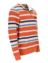 Orange- und blau gestreiftes Rugbyhemd mit Kragen.