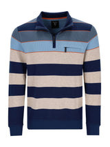 Blau-weiß gestreiftes Poloshirt mit Halb-Reißverschlusskragen und Taschen-Detail.