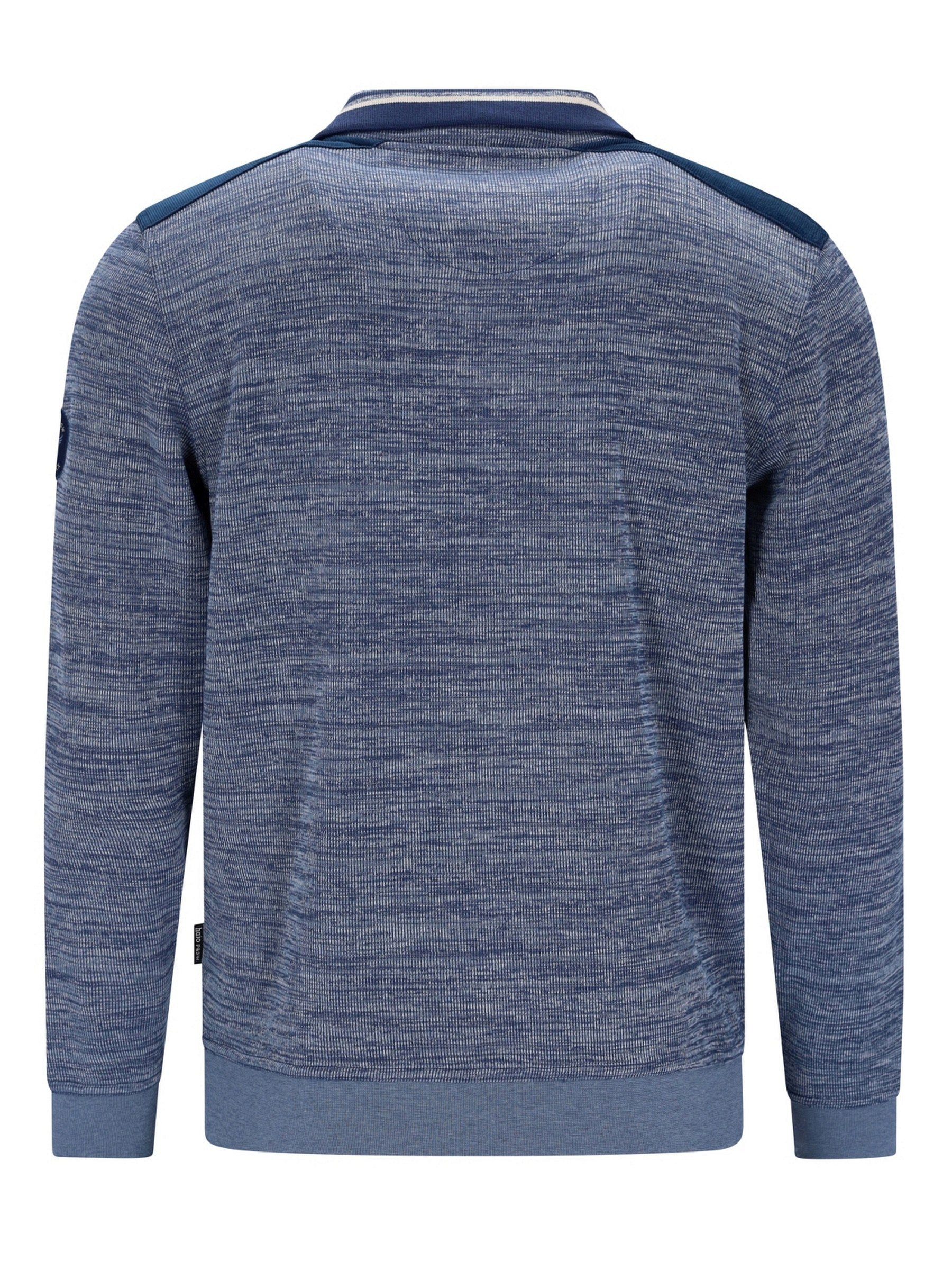 Blau-grauer melierter Reißverschluss-Pulli mit weißem Saum, inspiriert von jack & jones.