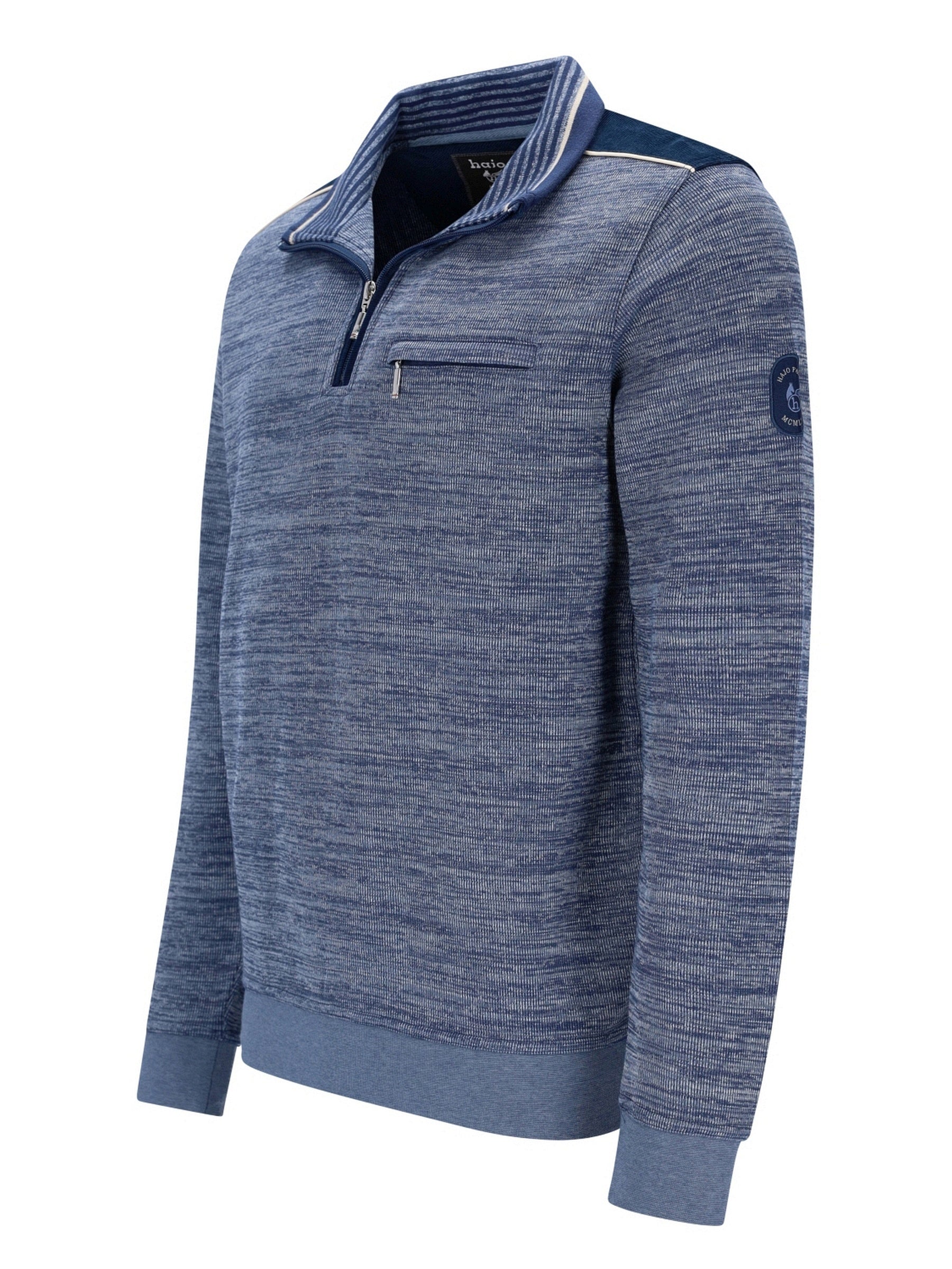 Marineblauer Viertel-Reißverschluss-Pullover mit gerippten Manschetten und Kragen, strukturiertes Strickdesign.