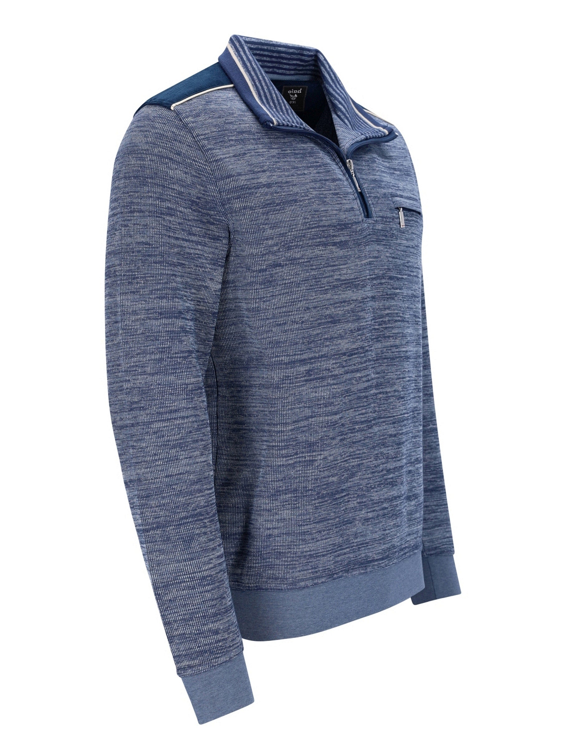 Marineblauer Viertelreißverschluss-Pullover mit Kontrastkragen und -manschetten, aus weicher Baumwollmischung.