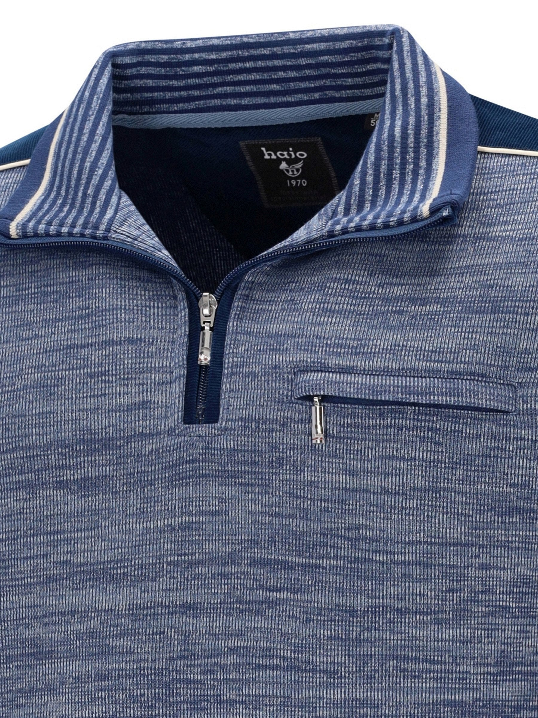 Halo Herren Marineblauer Viertel-Reißverschluss-Pulli mit gestreiftem Kragen und Tasche.