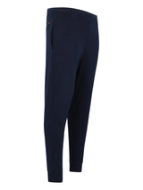 Marineblaue Stretch-Hosen mit einer dezenten Falte am Bund, geeignet für lässige oder business-casual Kleidung.