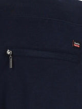 Schwarze Hosenträger mit Reißverschluss-Tasche, silbernem Reißverschluss und Markenlogo.