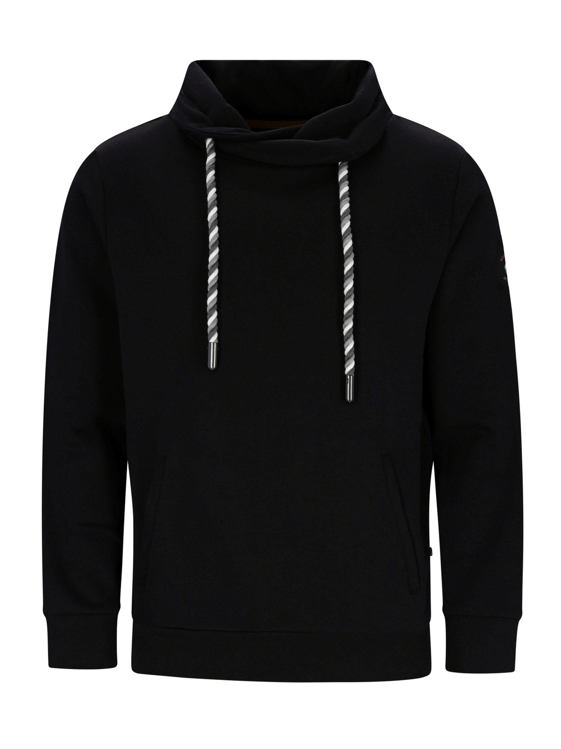 Schwarze Hoodie mit silbernen Kordeln und geripptem Kragen, wahrscheinlich von Balenciaga.