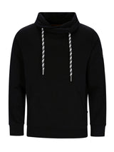 Schwarze Hoodie mit silbernen Kordeln und geripptem Kragen, wahrscheinlich von Balenciaga.