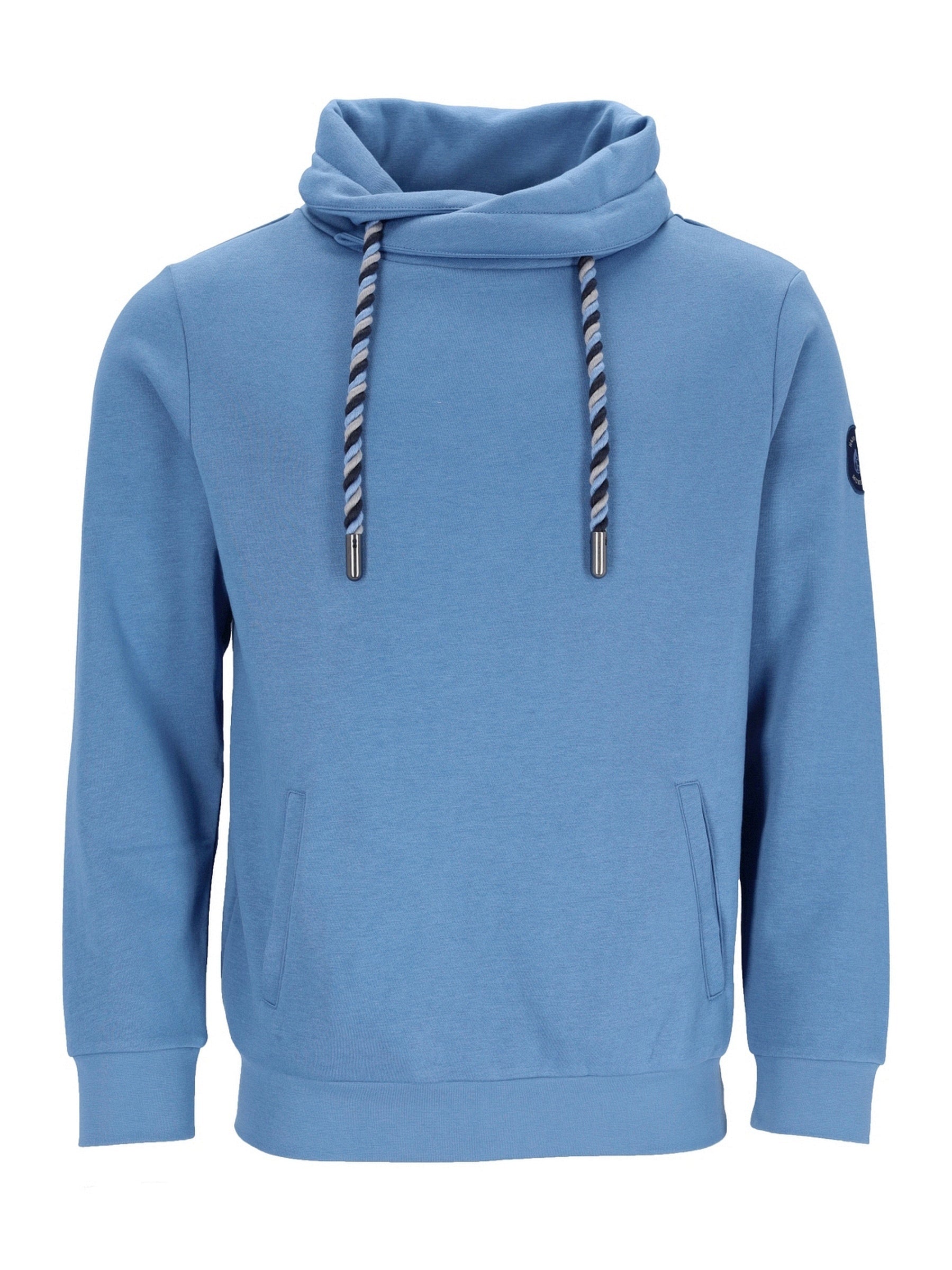 Hellblaue Kapuzenjacke mit verdrehten Kordeln und Patch am Ärmel.