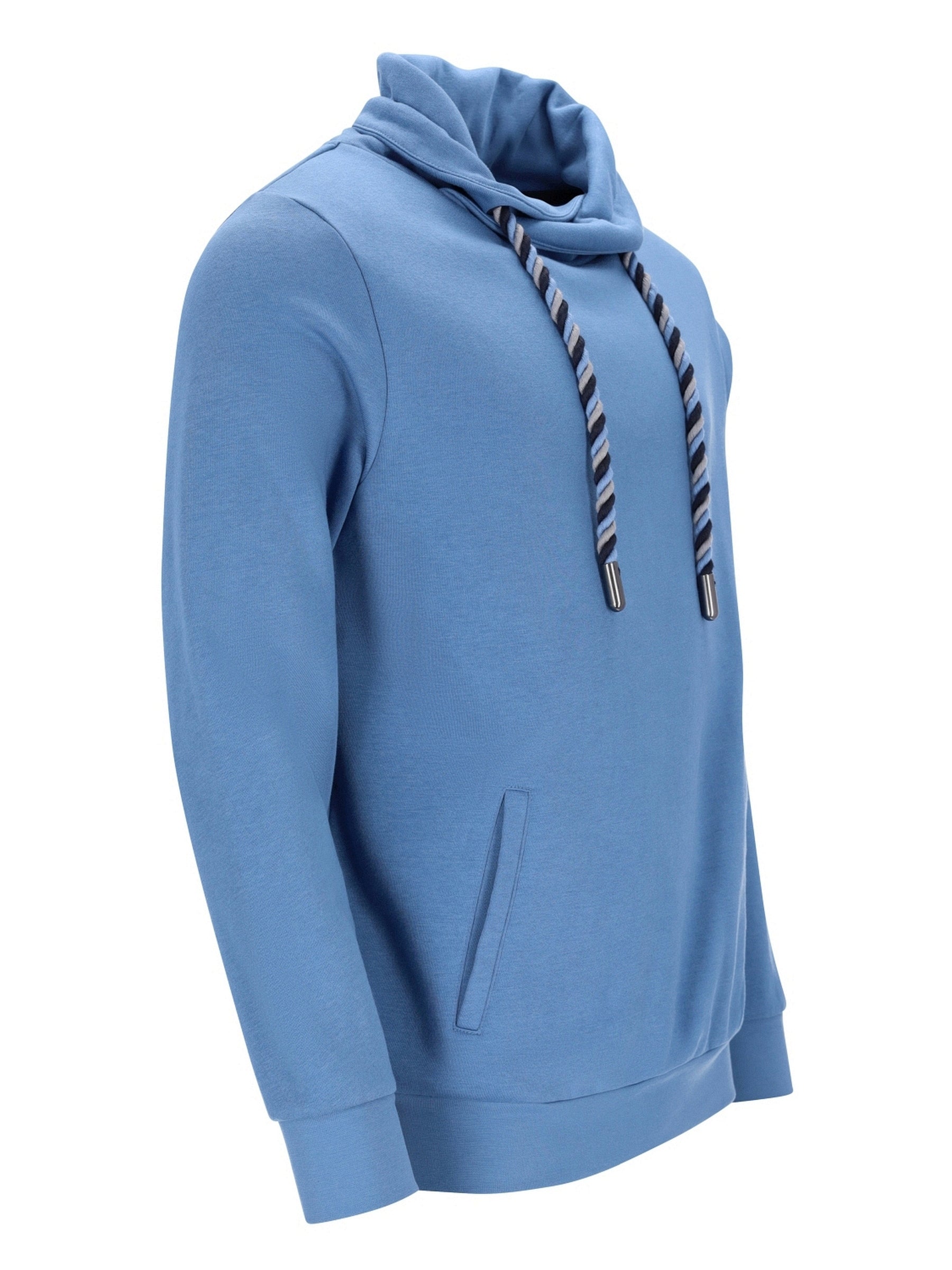 Blaues Hoodie mit Kordelzug-Haube und Seitentaschen.