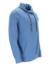Blaues Hoodie mit Kordelzug-Haube und Seitentaschen.