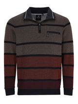 Braunes und schwarzes gestreiftes Poloshirt mit Reißverschlussdetail, aus Baumwolle gefertigt.